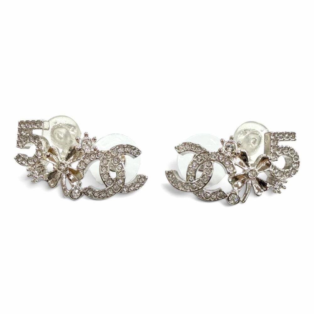 CHANEL B23P Coco Mark No. 5 Clover Rhinestone Earrings, Silver, Made in Italy...